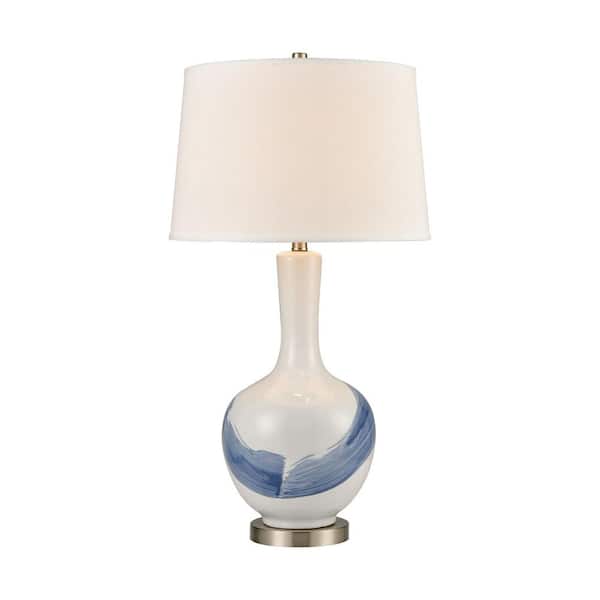 Titan Lighting Balbo 32 in. White and Blue Glass Table Lamp with Hardback Oatmeal Linen Shade