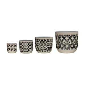 Black and Natural Stone Round Decorative Pots with Hand-Painted Geometric Design (4-Pack)