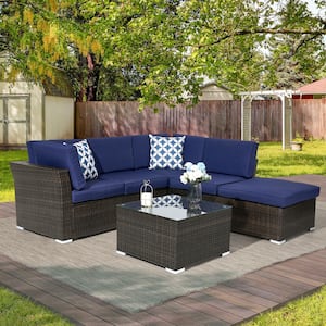 Outdoor Conversation 4-Pieces PE Rattan Wicker Sectional Sofa Sets with Tempered Glass Table and Navy Blue Cushions