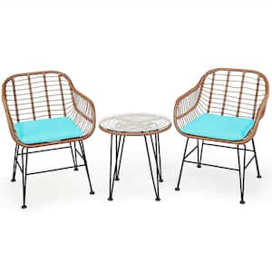 3-Piece Rattan Patio Conversation Set with Turquoise Cushion