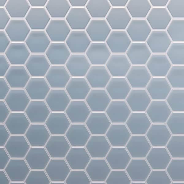 CRUZ BAY STUDIO 3 in. Beehive 5 in. x 6 in. Hexagon Aqua Blue Matte Glass Mesh-Mounted Mosaic Tile Sample