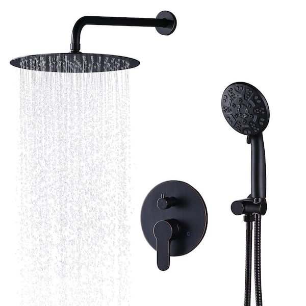 9-Spray 12 in. Wall Mounted Fixed Round Shower Head and Handheld Shower Head with 1.8 GPM Brass Valve in Bronze