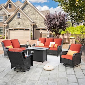 Amber 6-Piece Wicker Patio Rectangular Fire Pit Sets and Swivel Rocking Chairs with Orange Red Cushion