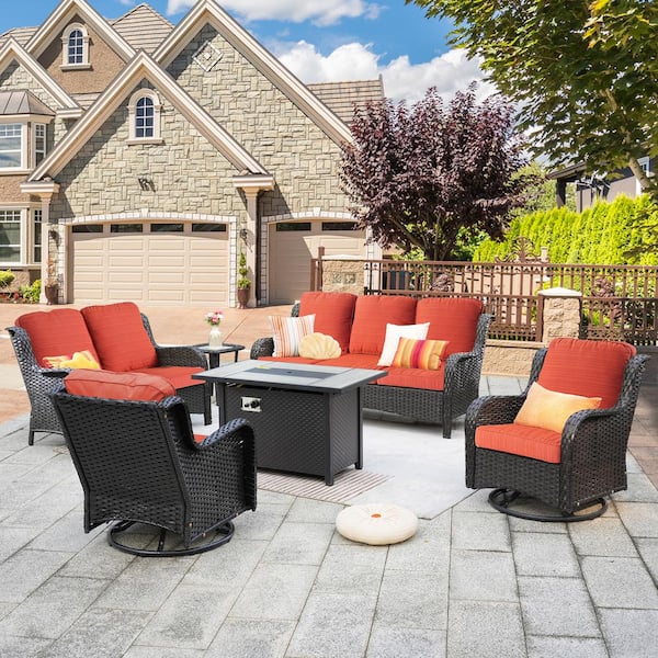 XIZZI Amber 6-Piece Wicker Patio Rectangular Fire Pit Sets and Swivel Rocking Chairs with Orange Red Cushion