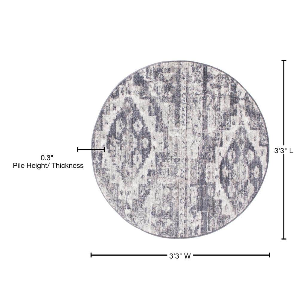 Abstract Gray Round Synthetic Indoor Rug 3'3" Diameter