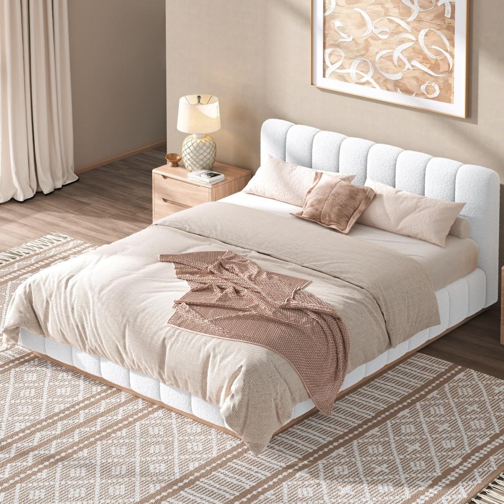 White Wood Frame Queen Size Upholstered Platform Bed