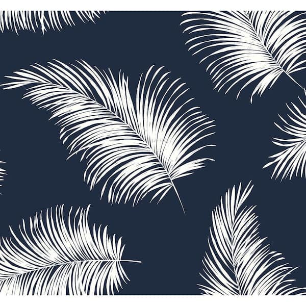 Peel-and-Stick Removable Wallpaper Palm Fronds White On Navy Blue Tropical