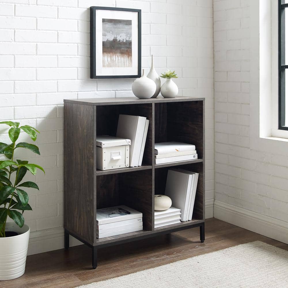 Brown Ash Four-Cube Record Storage Bookcase with Steel Legs