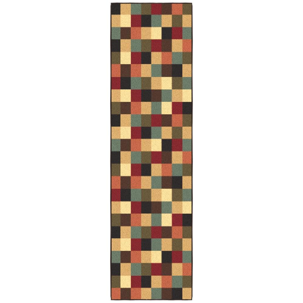 Contemporary Checkered Multicolor Low Pile Runner Rug, 84"L x 22"W