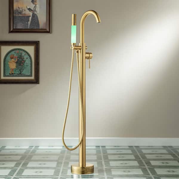 Single-Handle Floor Mount Freestanding Filler Tub Faucet with Integrated LED Color-Changing Spray Head in Brushed Gold