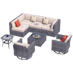 Messi Grey 8-Piece Wicker Outdoor Patio Conversation Sofa Seating Set with Swivel Rocking Chairs and Beige Cushions