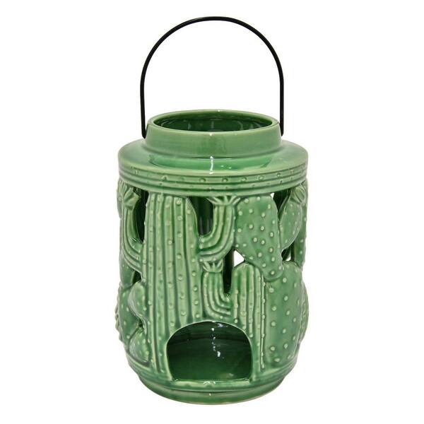 THREE HANDS 7.75 in. Green Ceramic Hurricane Candle Holder