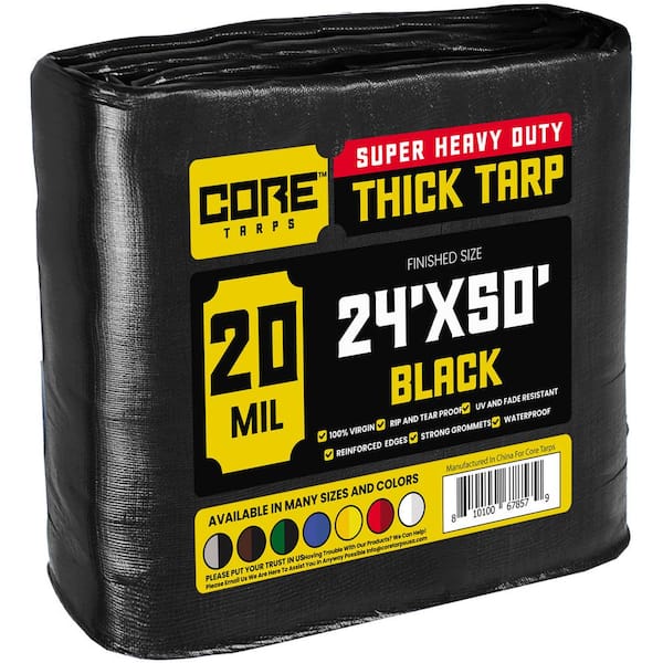 CORE TARPS 24 ft. x 50 ft. Black 20 Mil Heavy Duty Polyethylene Tarp, Waterproof, UV Resistant, Rip and Tear Proof