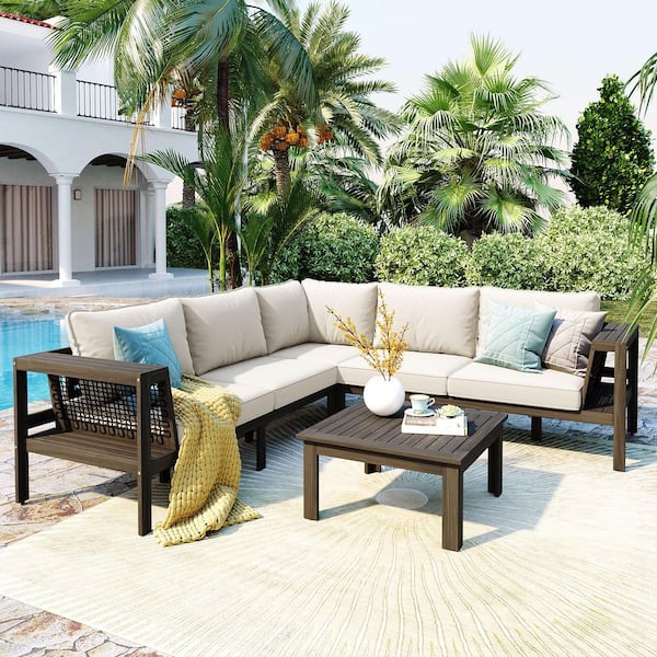 Brown Wood Outdoor Sofa Sectional Set L-Shape with Beige Cushions and Side Coffee Table