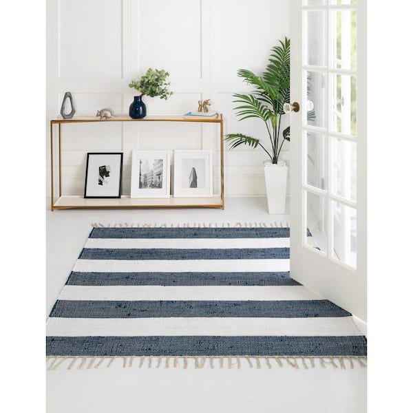Chindi Rag Striped Navy Blue 10' 0 x 10' 0 Area Rug