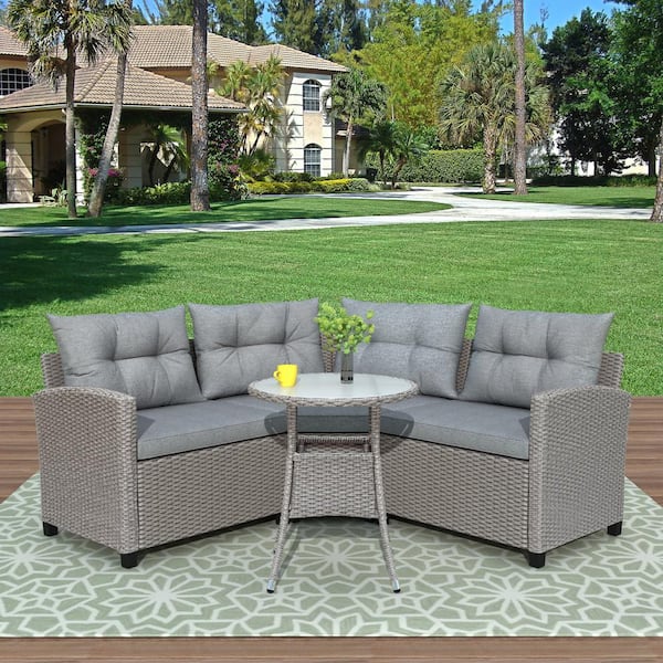 Mondawe 4 Piece Resin Wicker Patio Furniture Set With Round Table Gray Cushions Mdp 0741 - Round Sectional Patio Table
