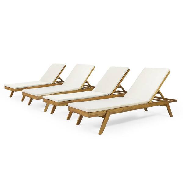 Noble House Bexley 4-Piece Wood Outdoor Chaise Lounge with Cream Cushions