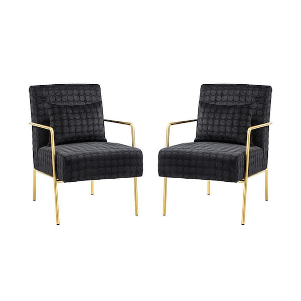 ARTFUL LIVING DESIGN Jorge 23.2" Wide Black Mid-Century Modern Elegant Velvet Accent Arm Chair with Lumbar Pillow and Metal Legs Set of 2