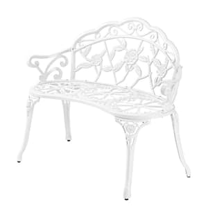 38.5 in. White Patio Park Garden Metal Outdoor Rose Bench, Cast Aluminum Frame Chair, Lawn Path Yard Deck