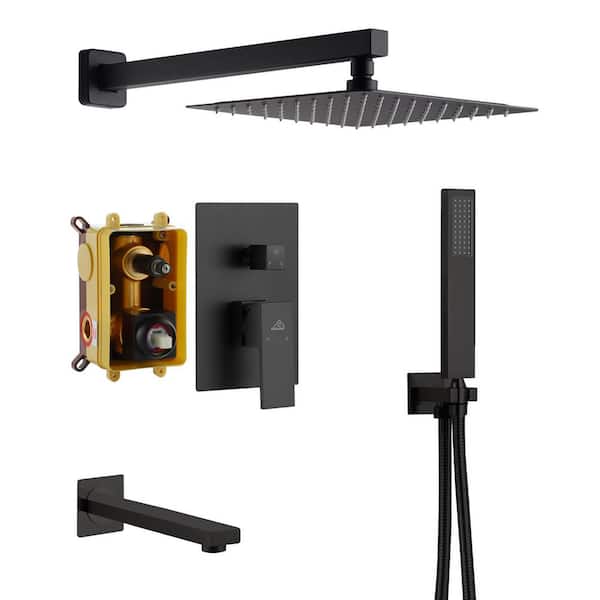 3-Spray Patterns Square 10 in. Wall Mount Dual Shower Heads 2.5 GPM with Tub Faucet in Matte Black