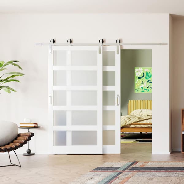 84 in. x 84 in. Frosted Glass, Double 5-Lites, White, MDF, Brushed Nickel Bypass Sliding Barn Door with Hardware Kit