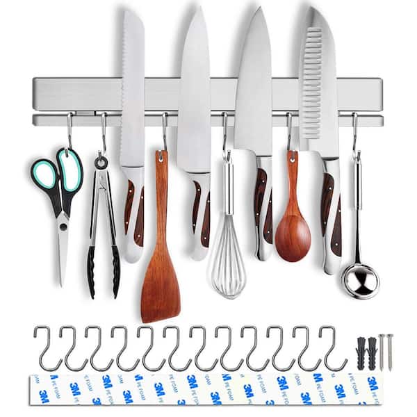 Numhew 5-Knife 17 in. 304 Stainless Steel Magnetic Knife Strip, Magnetic Knife Bar with 12 Hooks and 3 Mounting Options