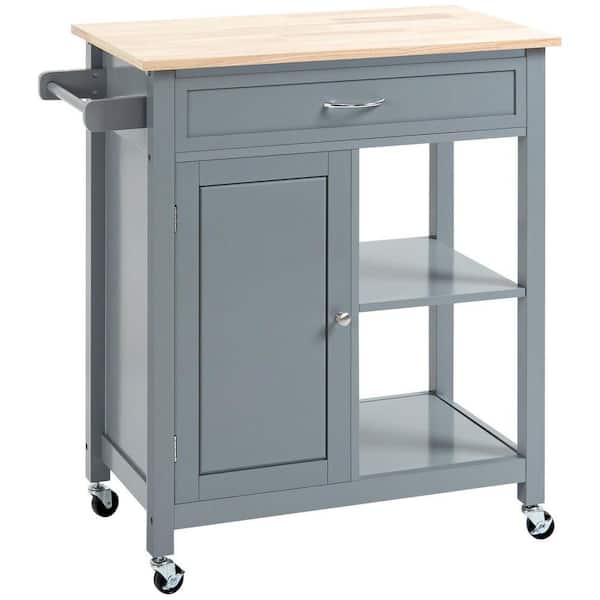 Gray finish with solid wood top Kitchen Cart with Drawers;Locking Casters;Shelf;Wheels