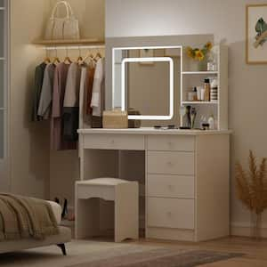 39.4 in. W White LED Dimmable Mirror Dresser Dressing Table with 5-Drawers, Stool and Storage Shelves