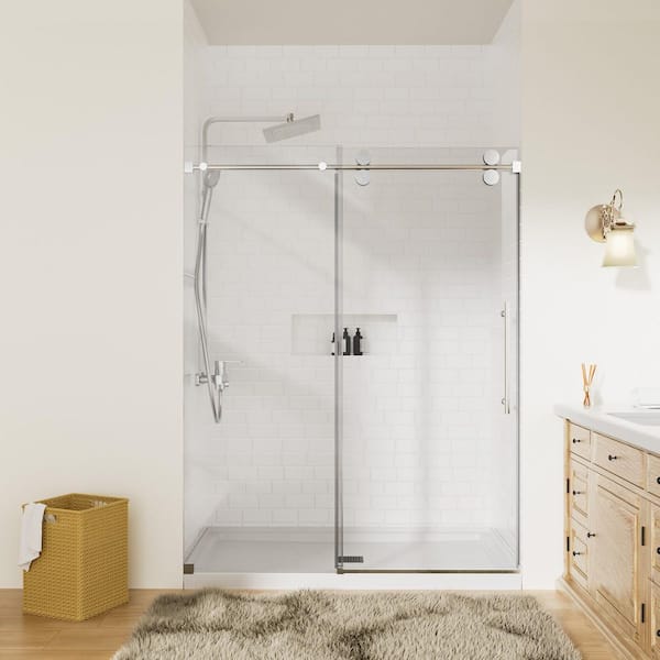 mortix 48 in. W x 76 in. H Single Sliding Frameless Shower Door in Chrome with 5/16 in. Tempered Clear Glass