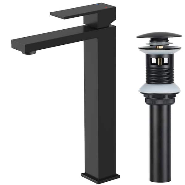 Vessel Sink Faucet Single Handle Bathroom Faucet with 15° Angled Spout with Pop-up Drain Kit in Matte Black