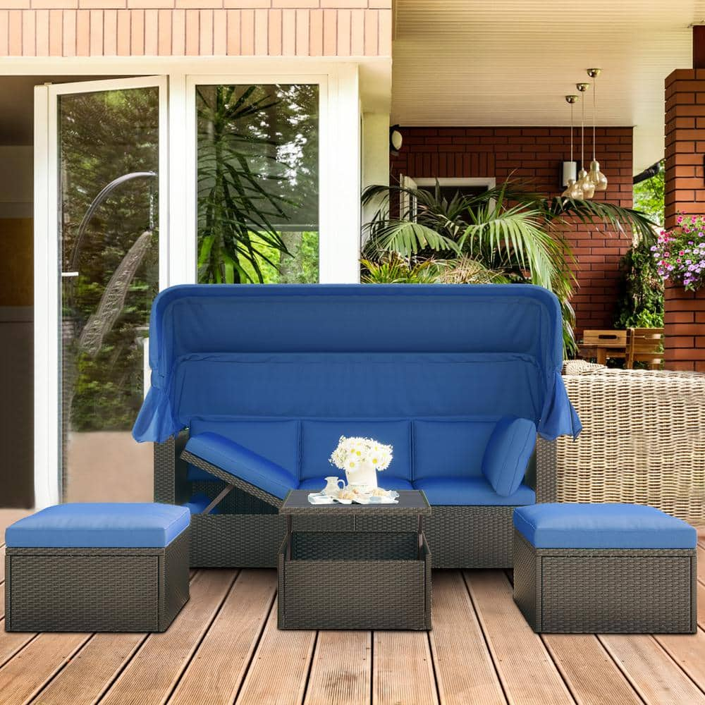 Tunearary Grey Wicker Patio Rectangle Outdoor Day Bed with Canopy, Blue ...