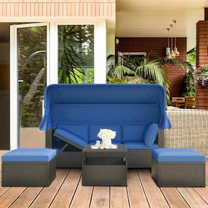 Grey Wicker Patio Rectangle Outdoor Day Bed with Canopy, Blue Cushions