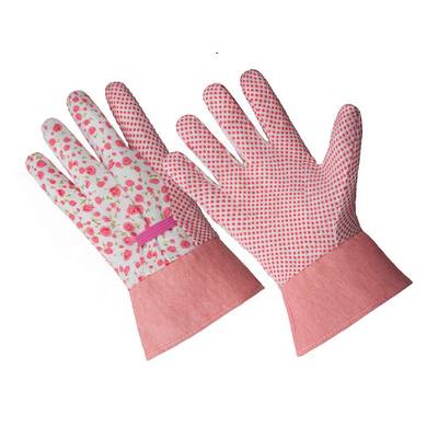 Ladies Small/Medium Pink Flower Poly/Cotton Blend Gloves with PVC Dotted Palm and Band Cuff
