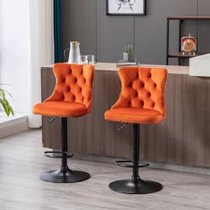 33 in. Orange High Back Metal Barstools with Swivel Velvet Adjustable Seat Height 2 Sets included