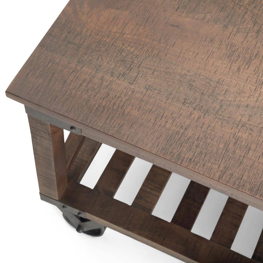 Harding Distressed Dark Brown Solid Mango Wood Square Coffee Table with Iron Wheels