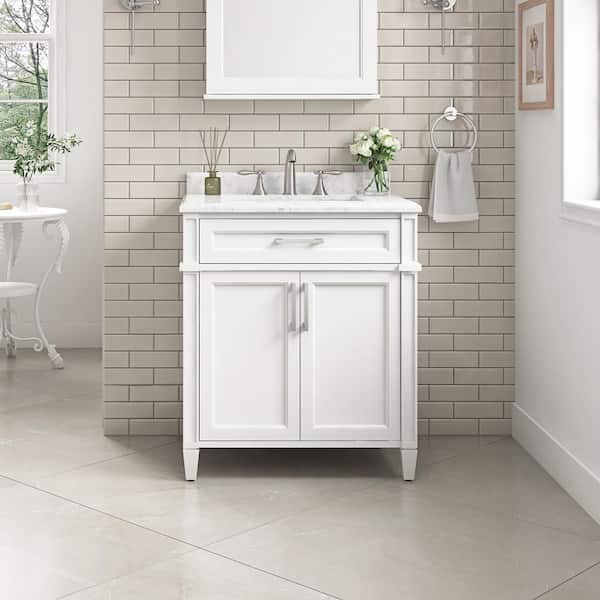 Home Decorators Collection Caville 30 in. W x 22 in. D x 34 in. H Single Sink Bath Vanity in White with Carrara Marble Top