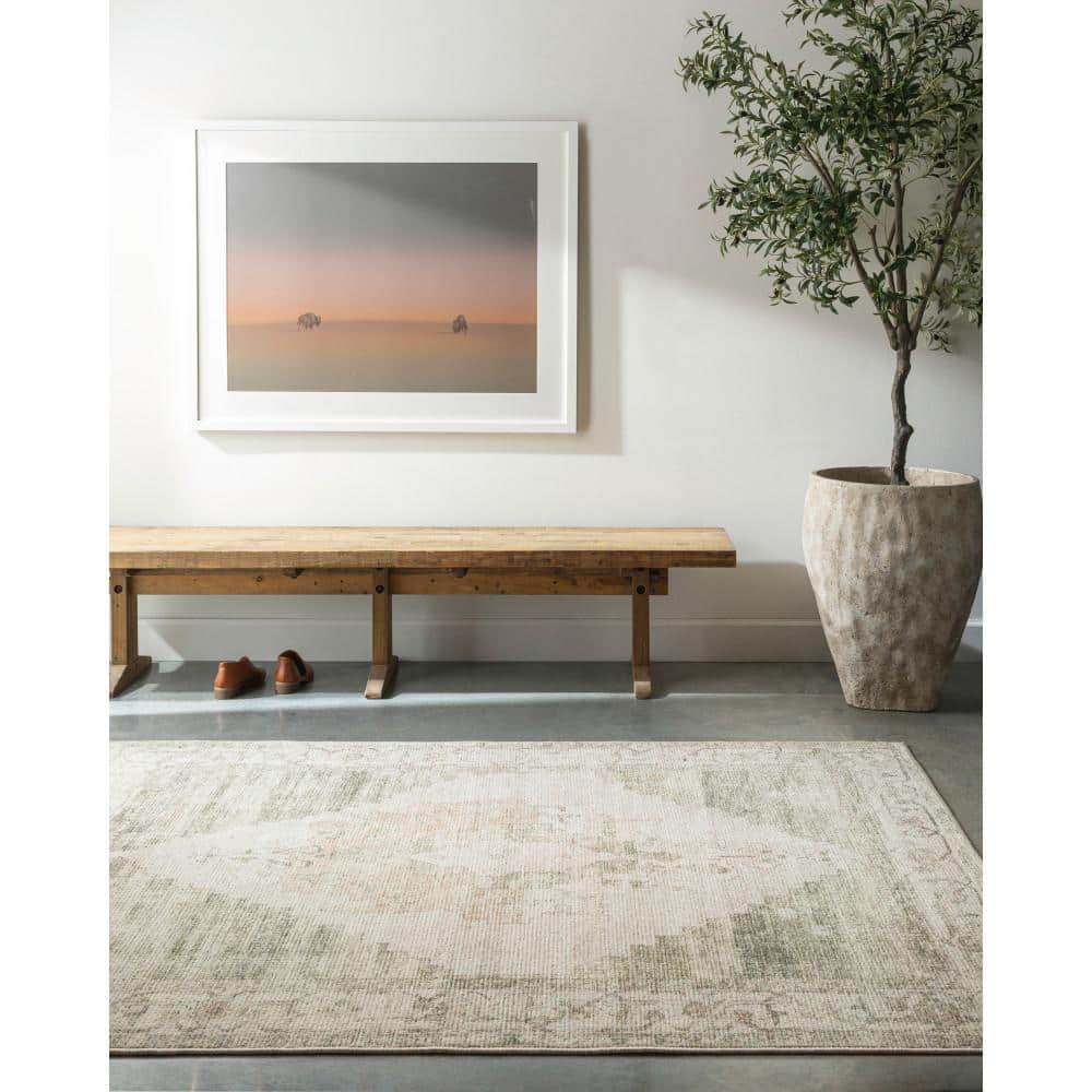 Ivory and Green Hand-knotted Wool and Synthetic Area Rug