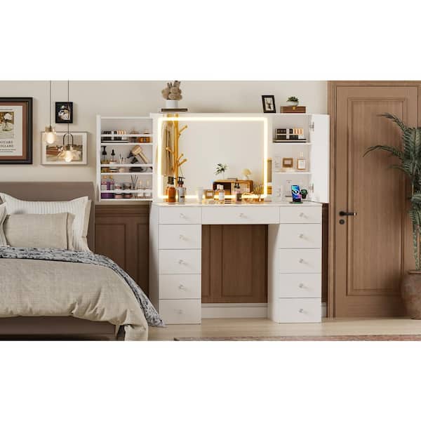 PAKASEPT White Vanity Desk With Power Outlet, Makeup Vanity Table With Mirror 3-Color and Brightness Adjustable 11-Drawers