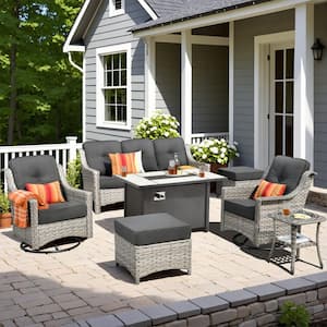 Verona 7-Piece Wicker Outdoor Patio Fire Pit Furniture Conversation Sofa Set with Swivel Chairs and Black Cushions