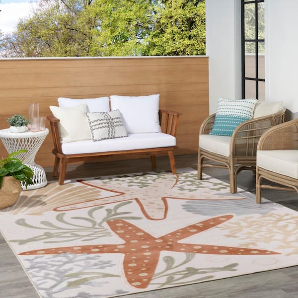 Aloha Ivory Multicolor 8 ft. x 11 ft. Starfish Tropical Contemporary Indoor/Outdoor Area Rug