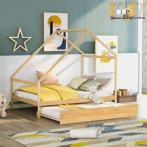 Natural Full Size Wood House Bed with Twin Size Trundle, Wooden Kids Playhouse Bed Frame, No Box Spring Needed