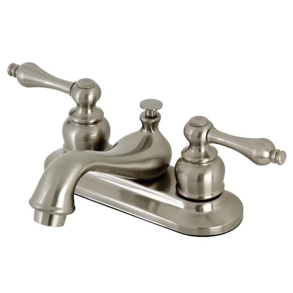 Kingston Brass Restoration 4 in. Centerset 2-Handle Bathroom Faucet with Brass Pop-Up in Brushed Nickel