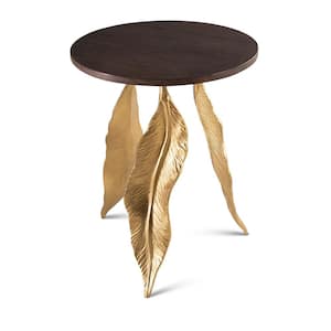 Verna 18 in. Walnut Round Wood End Table with Gold leaf-shaped iron base