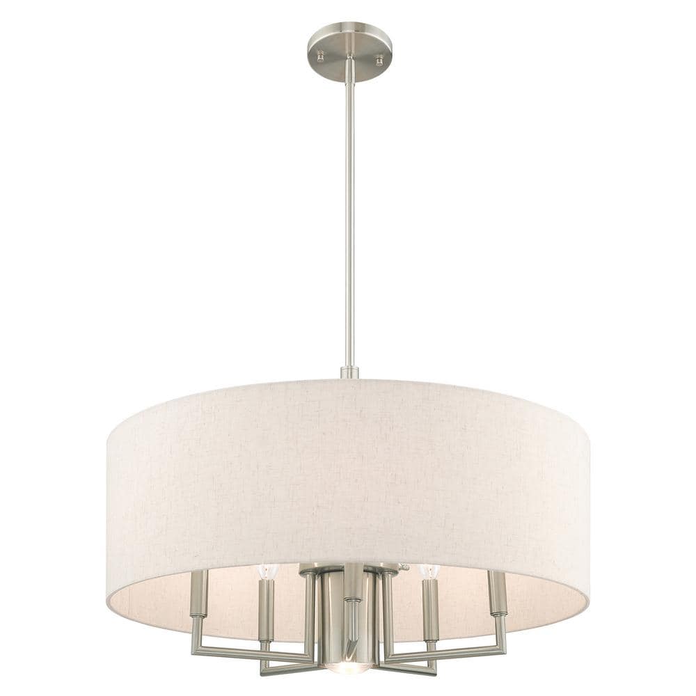 Meridian 6-Light Brushed Nickel Pendant with Oatmeal Fabric Shade