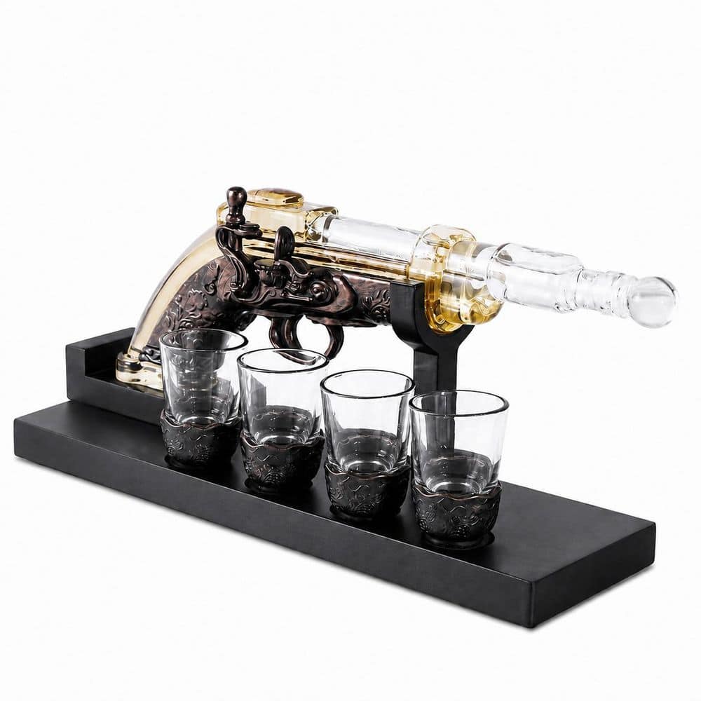 Musket-Shaped Whiskey Decanter Set with 4 Shot Glasses and Wooden Base Lead-Free Glass Liquor Gun Kit price history on PriceWatchPro