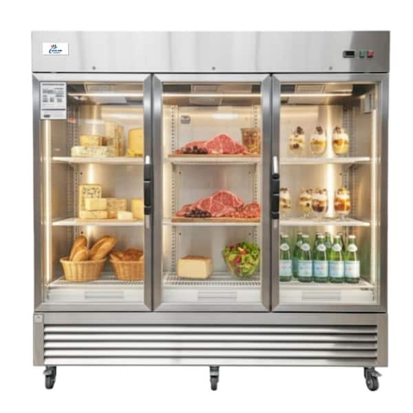 81 in. W 72 cu. ft. Glass 3-Door Commercial Merchandiser Refrigerator in Stainless Steel, 110-Volt