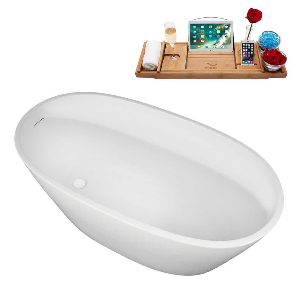 51" Glossy White Acrylic Freestanding Soaking Bathtub with Bamboo Tray