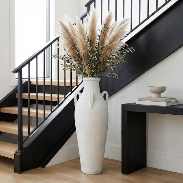39 in. Ivory Ceramic Amphora Decorative Vase With Handles