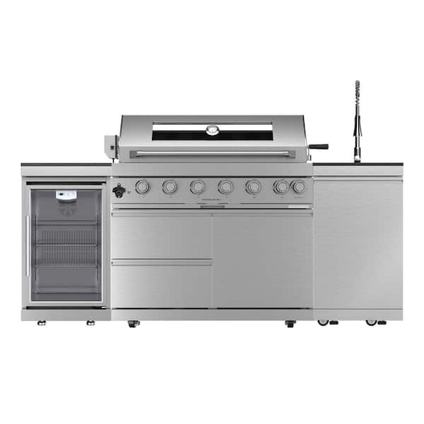 44 in. 6-Burner 85,000 BTU Stainless Steel Outdoor Kitchen BBQ Grill Island, Wine Refrigerator, Rotisserie, in Sliver