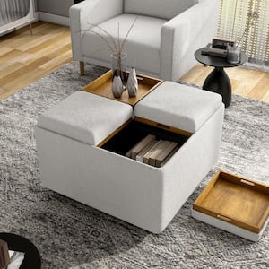 Sloane White Boucle Polyester Fabric Square Mobile Ottoman With Removable Trays and Storage